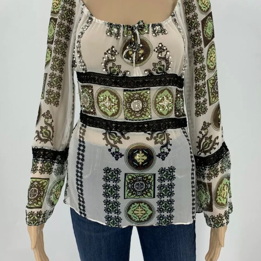Cache Womens Blouse Size S Semi-Sheer Silk Top Beaded Lace Sequins White